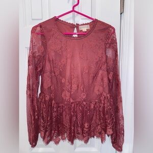 Altar'd State Burnt orange Lace Long-Sleeve Blouse